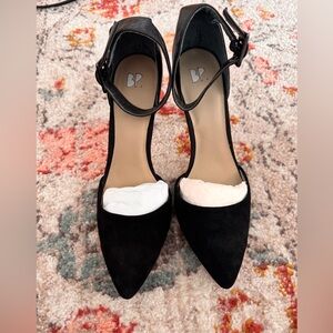 BP D’Orsay Black Suede Ankle Strap Heels